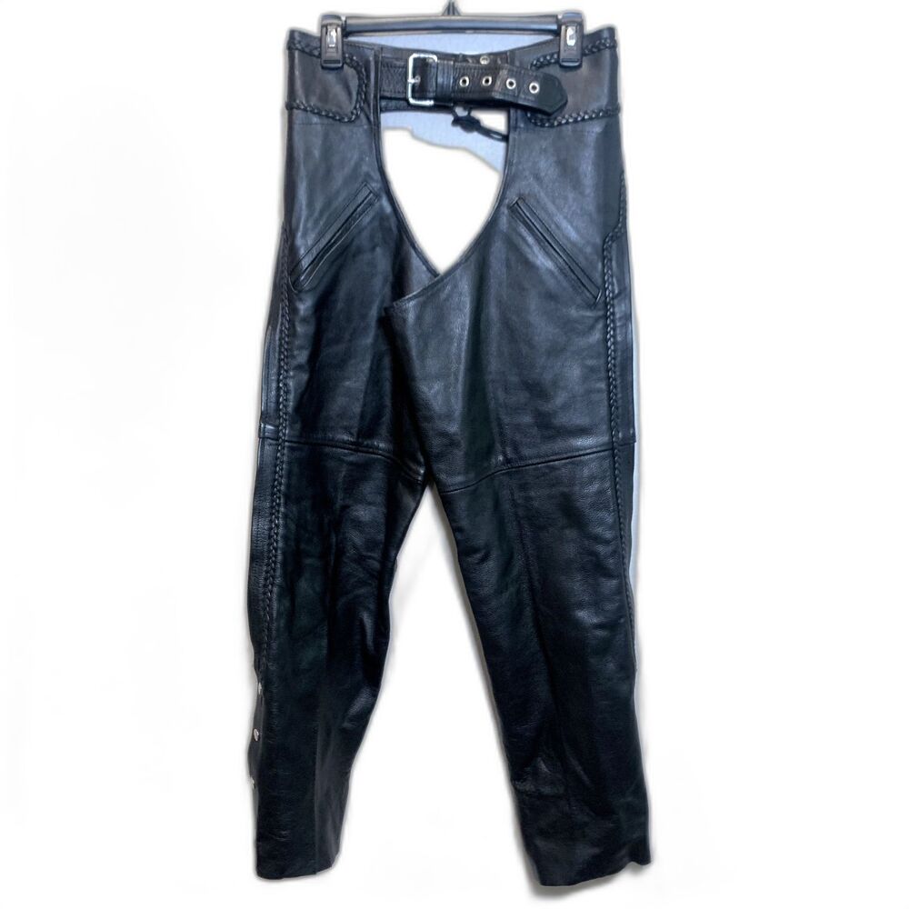 Papas Leather Black Genuine Leather Motorcycle Riding Chaps Braided Lace Back XS